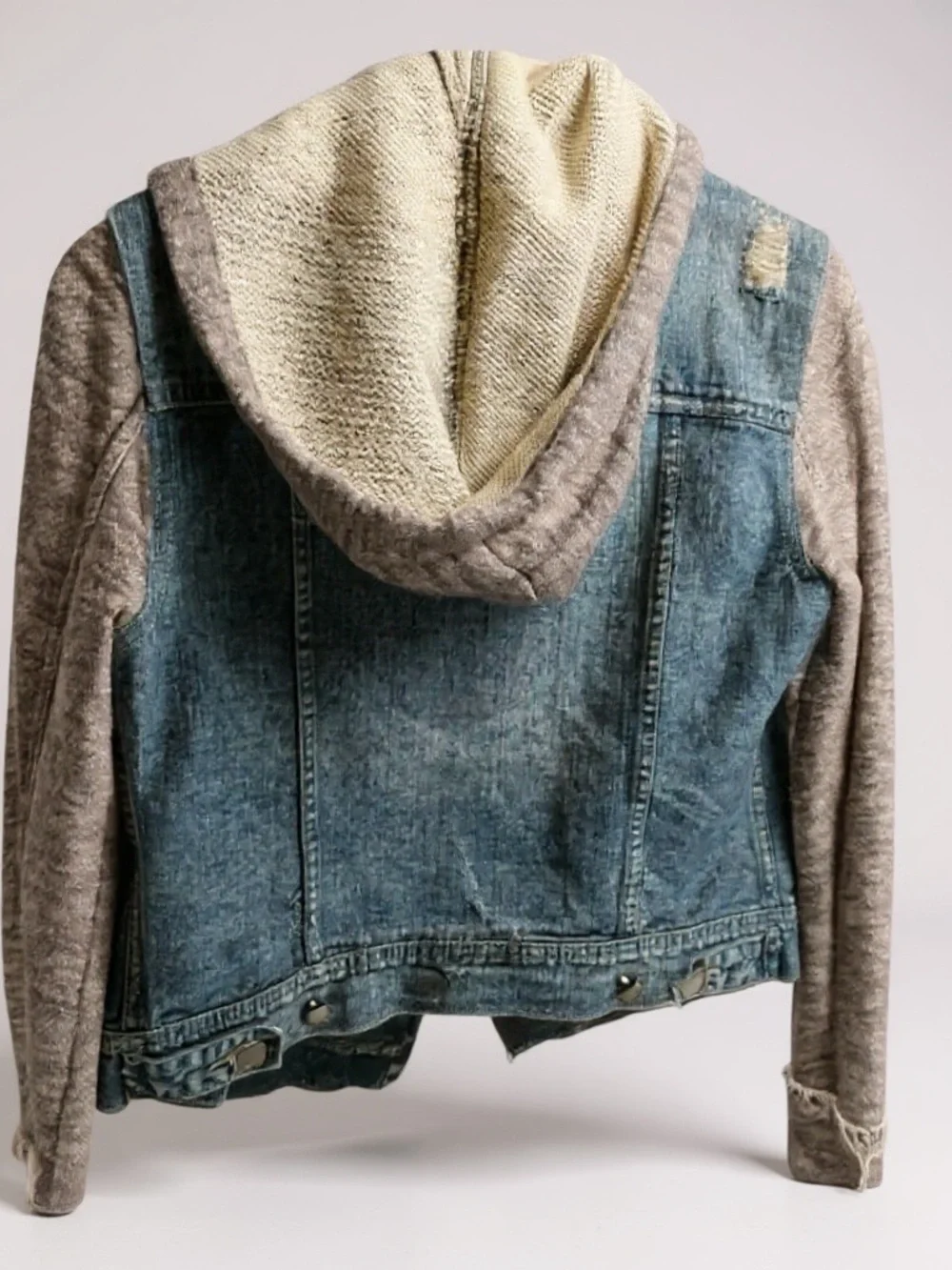 Free People Blue Denim Jacket with Gray Knit Hood & Sleeves - Picture 3 of 4